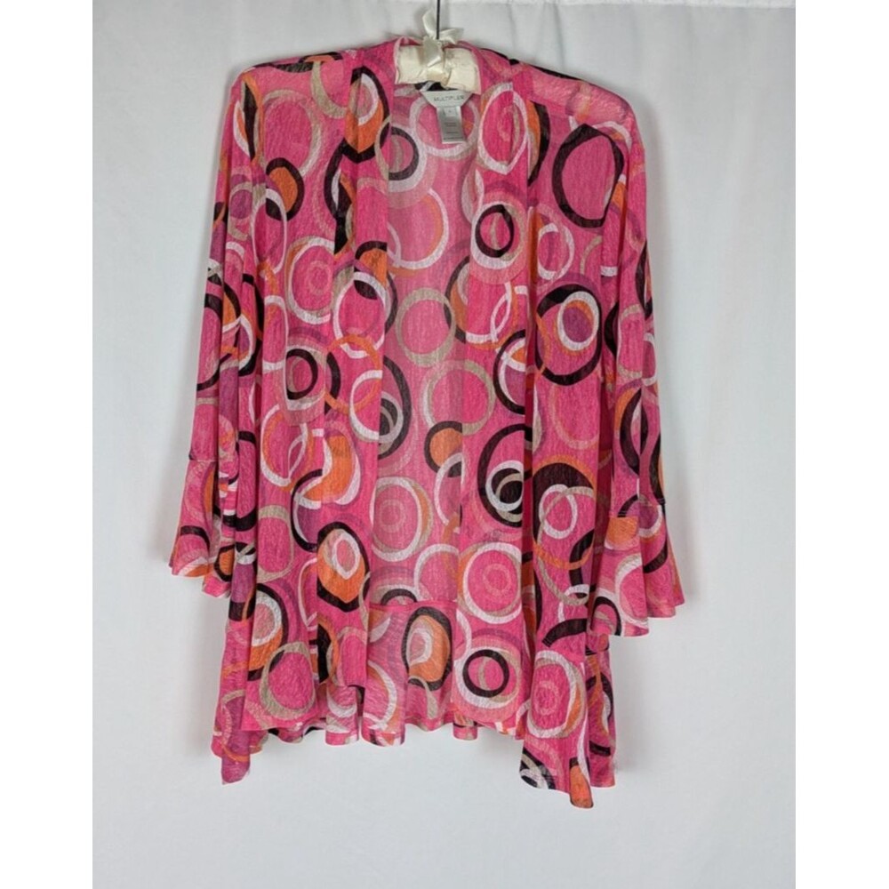 Multiples Cardigan L Women's Pink Circle Print 3/4 Flounce Sleeve Open Front Mod